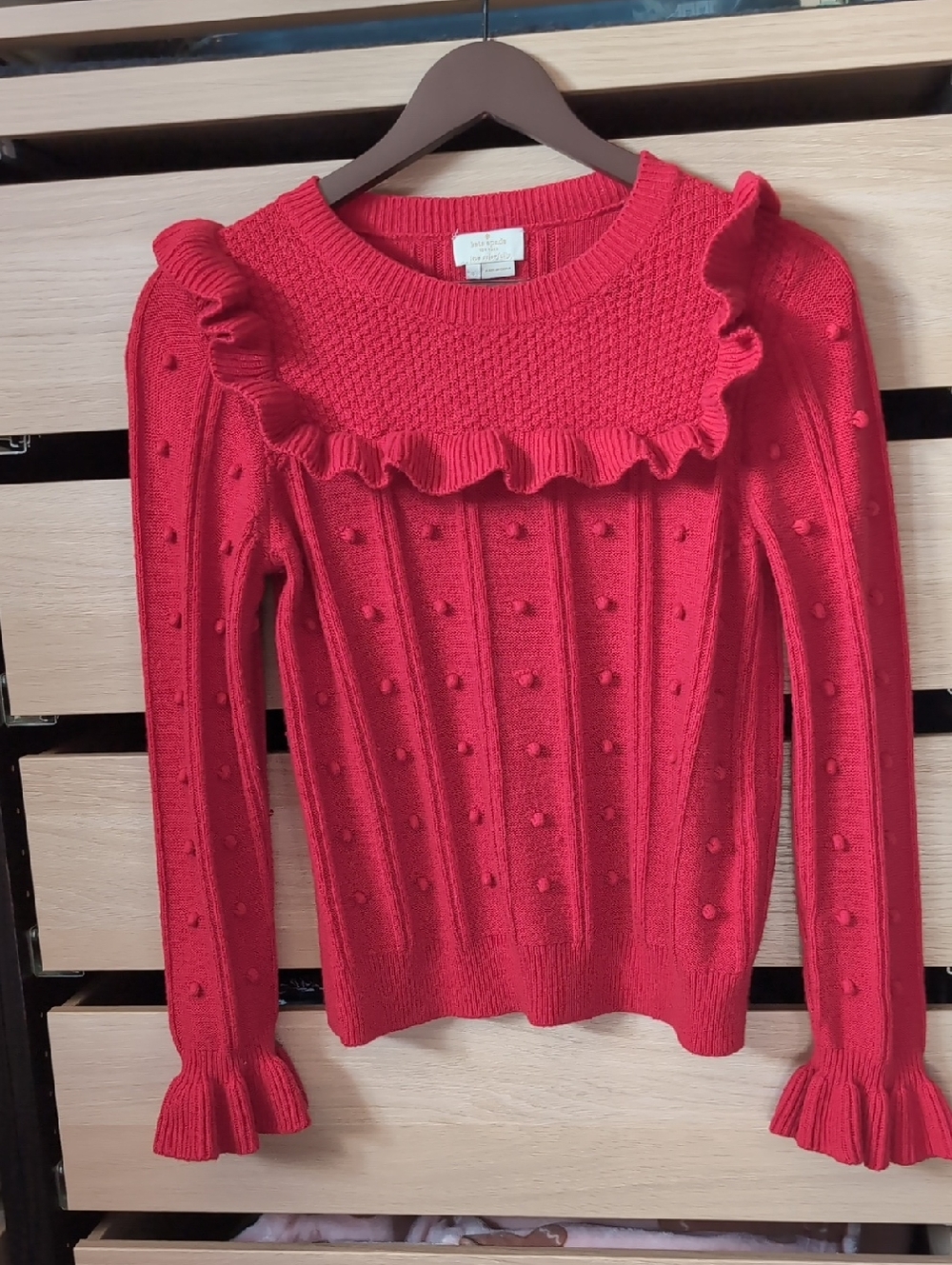 kate spade Red Ruffle-Trim Bobble Knit Crew Sweater